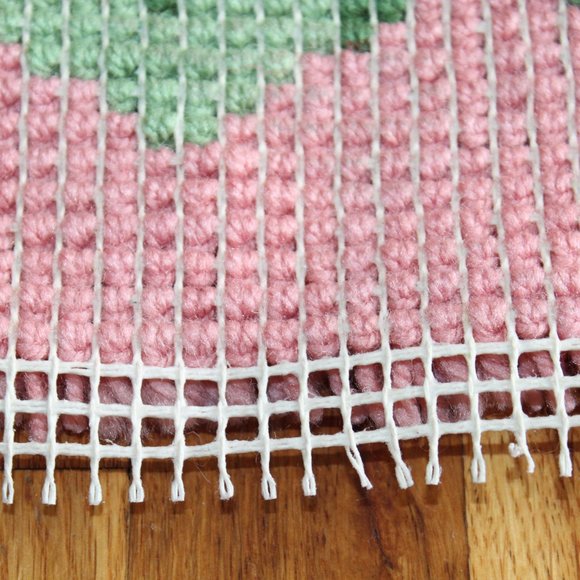 Vintage Latch Hook Rug Pink Green Rose 12" x 12" Finish as Pillow or Wall Decor - Picture 7 of 7